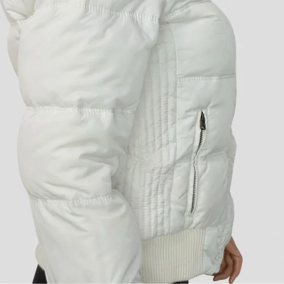 American Eagle Down Feather Puffer Jacket M White Faux Fur Hood Y2K Snow Bunny - Picture 10 of 15